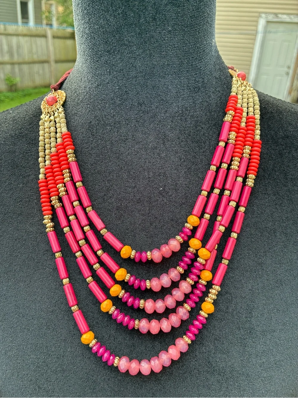 Multistrand Pink & Red Beaded Statement Necklace with Gold Accents
